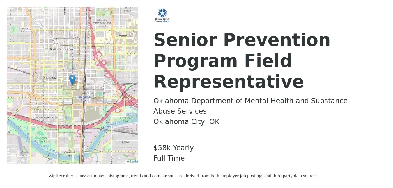 Oklahoma Department of Mental Health and Substance Abuse Services job posting for a Senior Prevention Program Field Representative in Oklahoma City, OK with a salary of $58,750 Yearly with a map of Oklahoma City location.