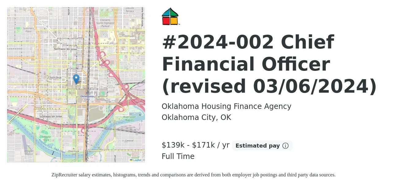 Oklahoma Housing Finance Agency job posting for a #2024-002 Chief Financial Officer (revised 03/06/2024) in Oklahoma City, OK with a salary of $139,338 to $171,493 Yearly with a map of Oklahoma City location.