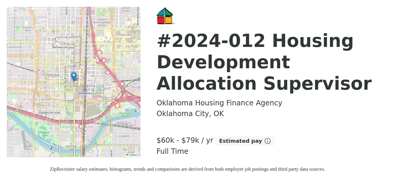 Oklahoma Housing Finance Agency job posting for a #2024-012 Housing Development Allocation Supervisor in Oklahoma City, OK with a salary of $60,818 to $79,548 Yearly with a map of Oklahoma City location.
