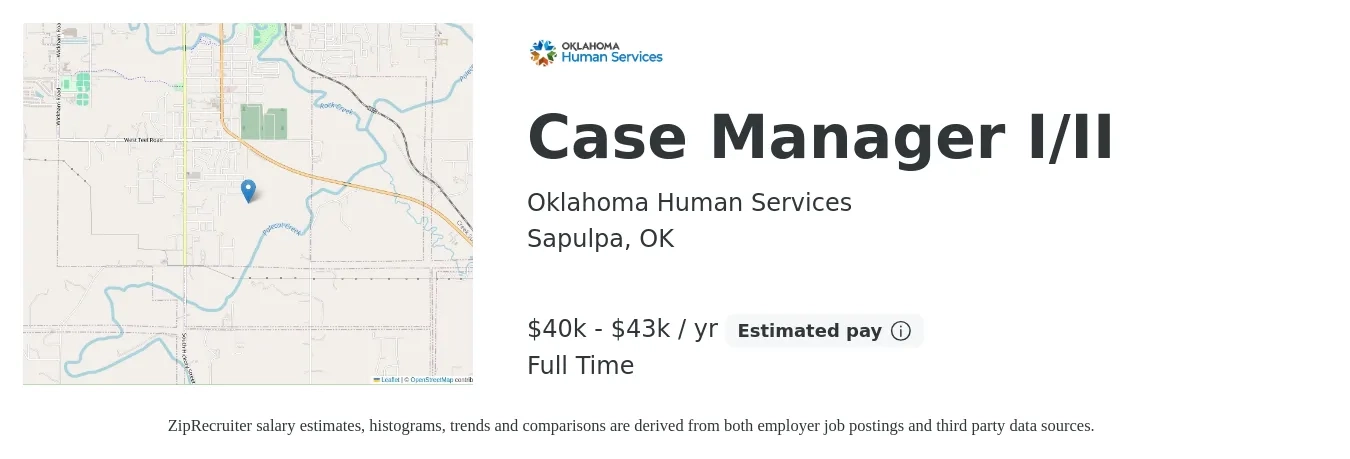 Oklahoma Human Services job posting for a Case Manager I/II in Sapulpa, OK with a salary of $16 to $23 Hourly with a map of Sapulpa location.