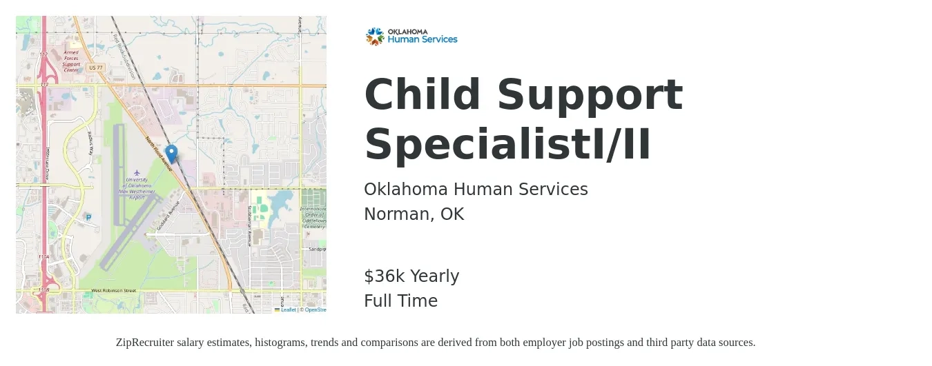 Oklahoma Human Services job posting for a Child Support Specialist I/II in Norman, OK with a salary of $35,059 Yearly with a map of Norman location.