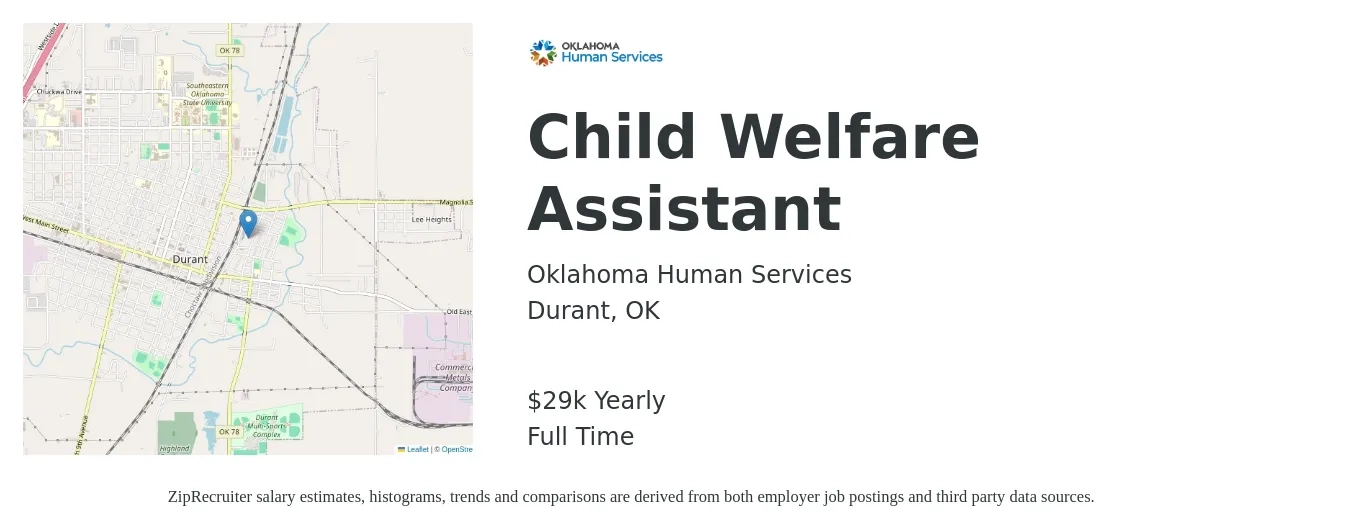 Oklahoma Human Services job posting for a Child Welfare Assistant in Durant, OK with a salary of $29,601 to $35,000 Yearly with a map of Durant location.