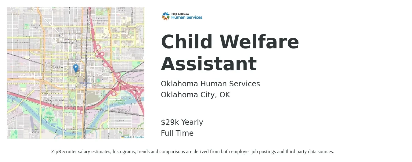 Oklahoma Human Services job posting for a Child Welfare Assistant in Oklahoma City, OK with a salary of $29,601 Yearly with a map of Oklahoma City location.