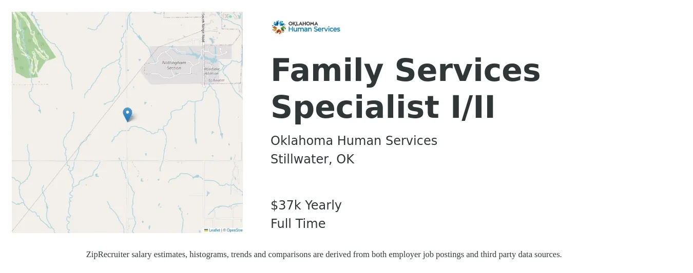 Oklahoma Human Services job posting for a Family Services Specialist I/II in Stillwater, OK with a salary of $37,440 to $40,248 Yearly with a map of Stillwater location.