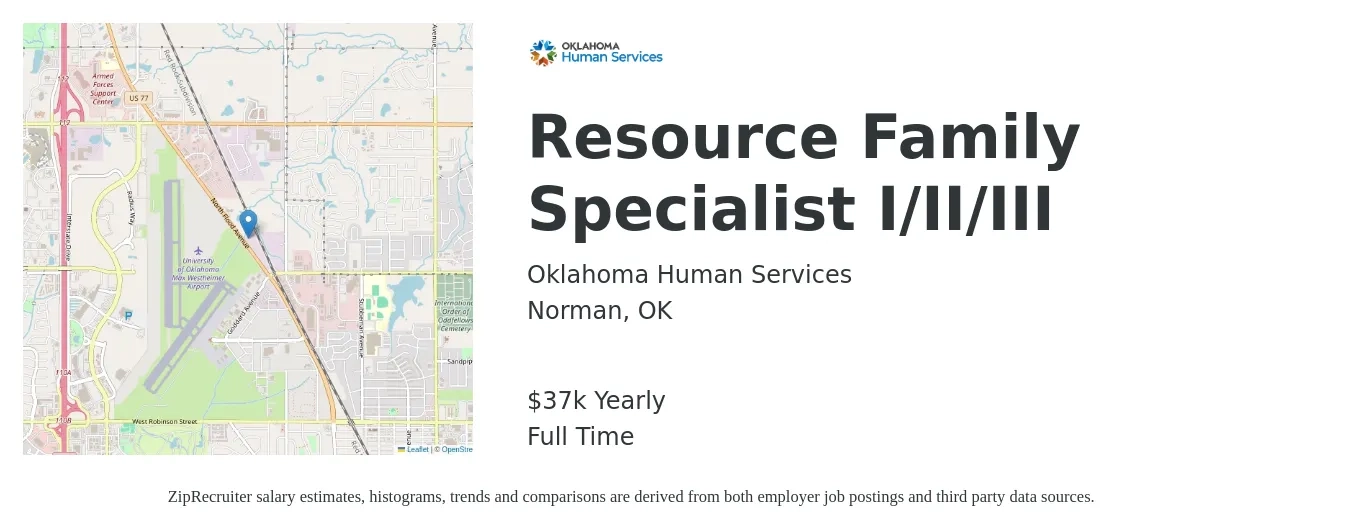 Oklahoma Human Services job posting for a Resource Family Specialist I/II/III in Norman, OK with a salary of $37,281 Yearly with a map of Norman location.