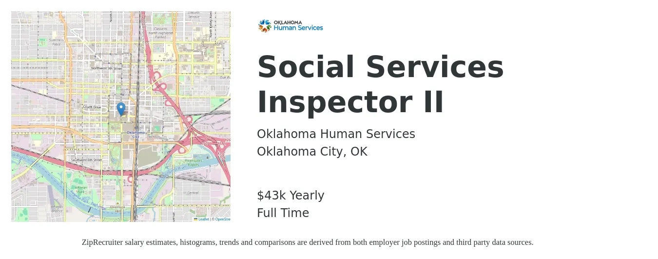 Oklahoma Human Services job posting for a Social Services Inspector II in Oklahoma City, OK with a salary of $41,874 Yearly with a map of Oklahoma City location.