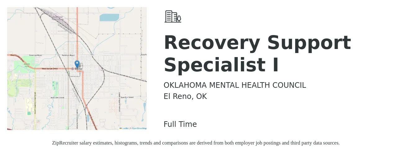 OKLAHOMA MENTAL HEALTH COUNCIL job posting for a Recovery Support Specialist I in El Reno, OK with a salary of $16 to $26 Hourly with a map of El Reno location.