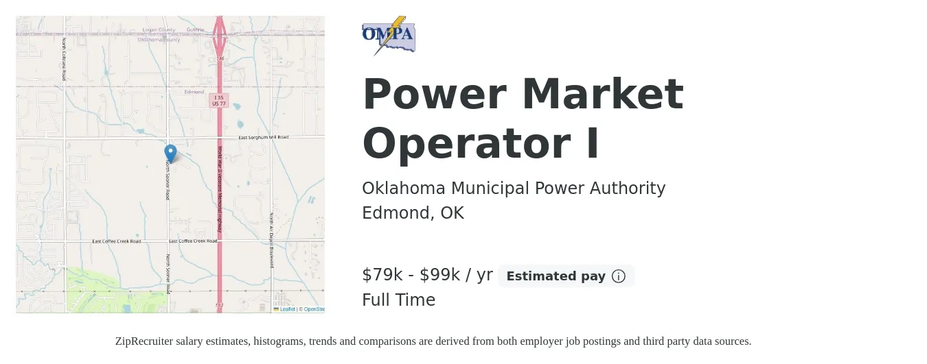Oklahoma Municipal Power Authority job posting for a Power Market Operator I in Edmond, OK with a salary of $79,527 to $99,409 Yearly with a map of Edmond location.