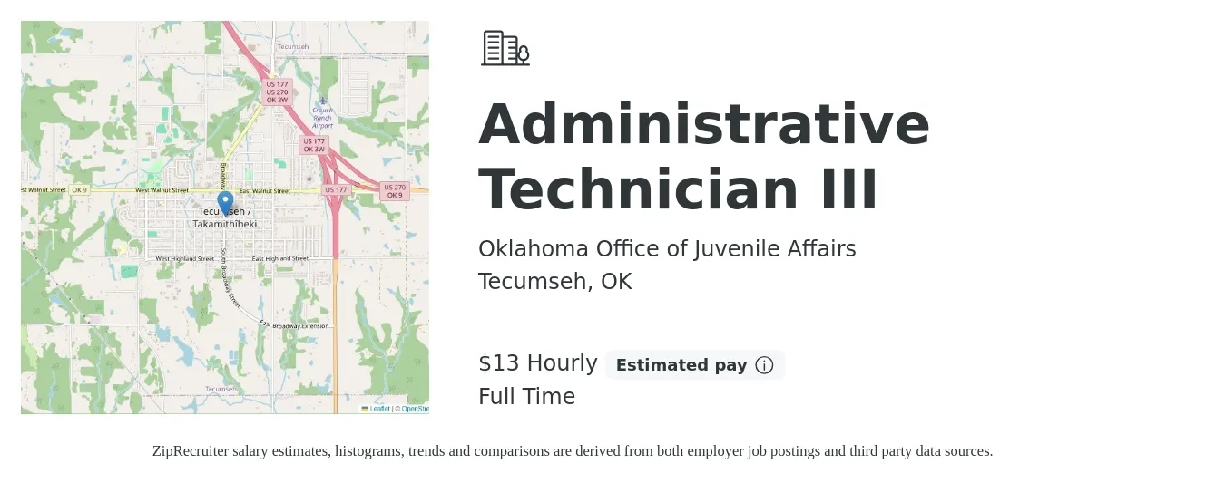 Oklahoma Office of Juvenile Affairs job posting for a Administrative Technician III in Tecumseh, OK with a salary of $14 Hourly with a map of Tecumseh location.