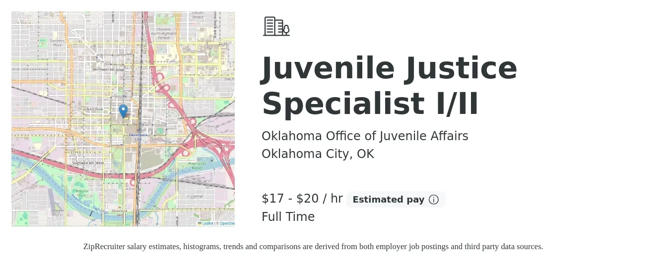 Oklahoma Office of Juvenile Affairs job posting for a Juvenile Justice Specialist I/II in Oklahoma City, OK with a salary of $18 to $21 Hourly with a map of Oklahoma City location.