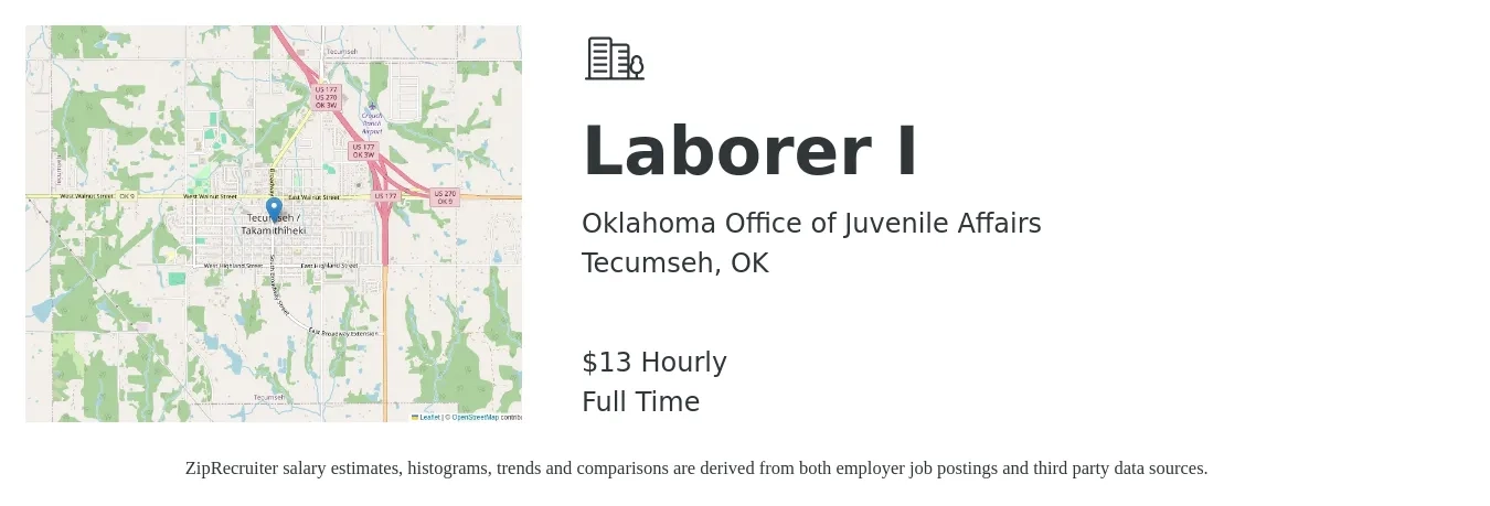 Oklahoma Office of Juvenile Affairs job posting for a Laborer I in Tecumseh, OK with a salary of $14 Hourly with a map of Tecumseh location.