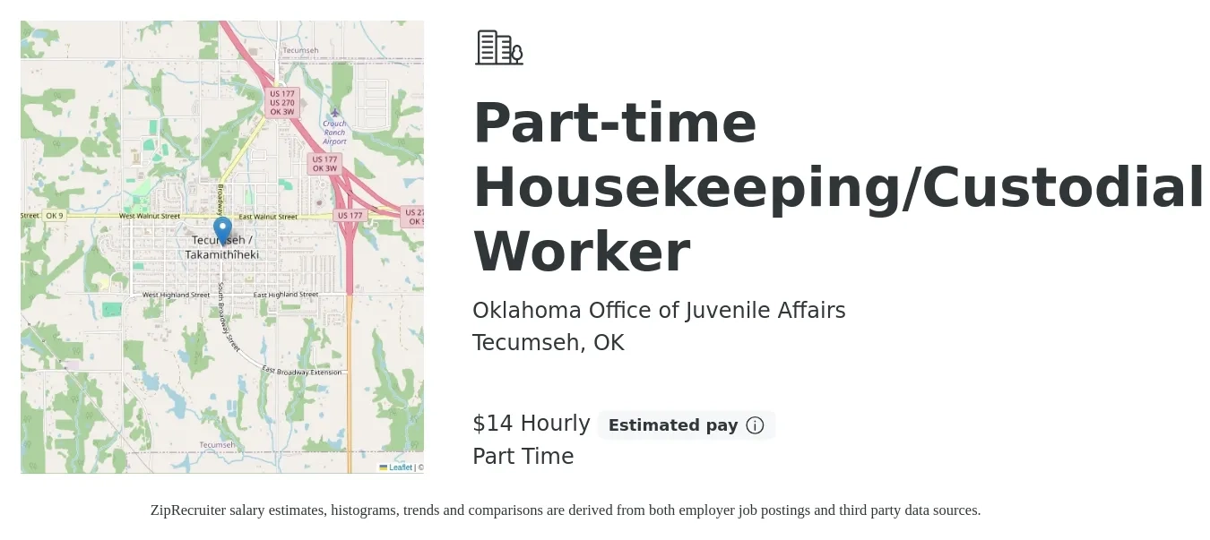 Oklahoma Office of Juvenile Affairs job posting for a Part-Time Housekeeping/Custodial Worker in Tecumseh, OK with a salary of $15 Hourly with a map of Tecumseh location.
