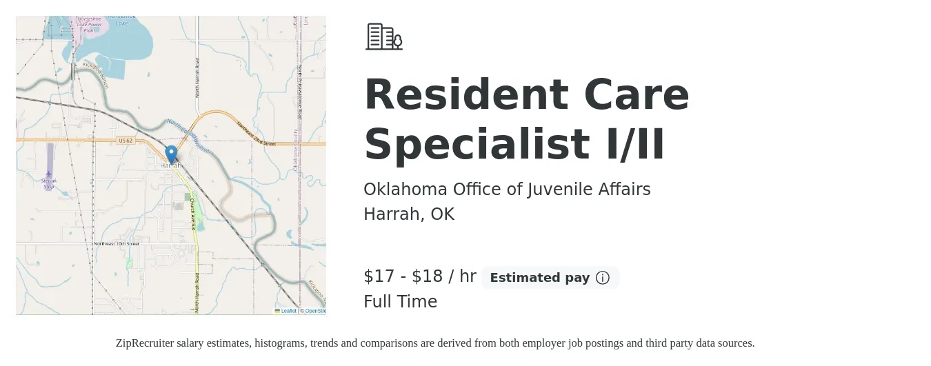 Oklahoma Office of Juvenile Affairs job posting for a Resident Care Specialist I/II in Harrah, OK with a salary of $18 to $20 Hourly with a map of Harrah location.
