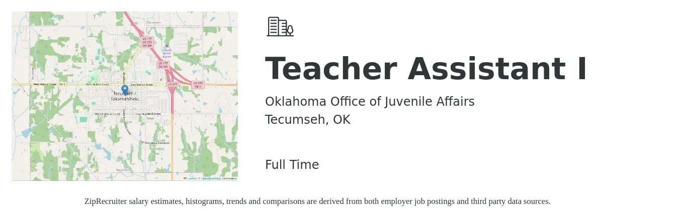 Oklahoma Office of Juvenile Affairs job posting for a Teacher Assistant I in Tecumseh, OK with a salary of $11 to $14 Hourly with a map of Tecumseh location.
