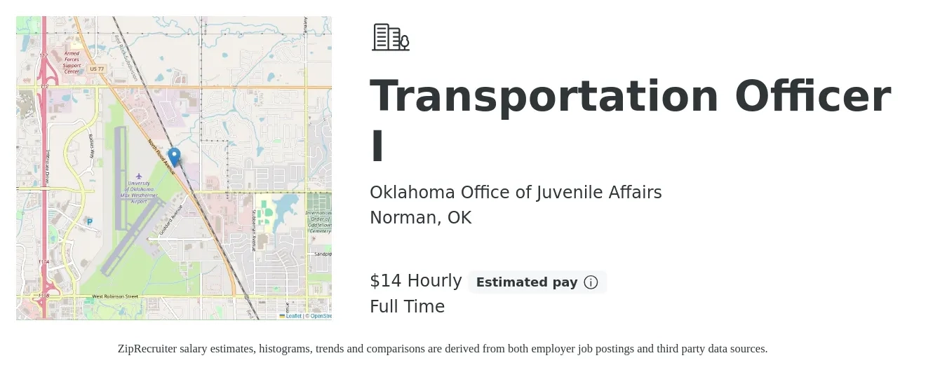 Oklahoma Office of Juvenile Affairs job posting for a Transportation Officer I in Norman, OK with a salary of $15 Hourly with a map of Norman location.