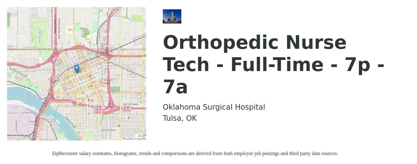 Oklahoma Surgical Hospital job posting for a Orthopedic Nurse Tech - Full-Time - 7p - 7a in Tulsa, OK with a salary of $16 to $20 Hourly with a map of Tulsa location.