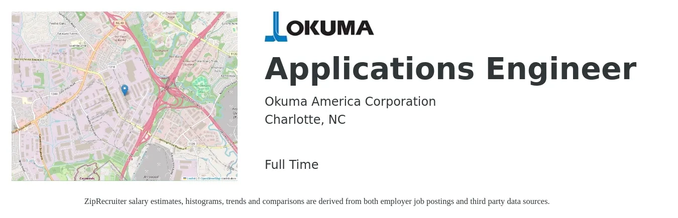 Okuma America Corporation job posting for a Applications Engineer in Charlotte, NC with a salary of $80,400 to $129,200 Yearly with a map of Charlotte location.