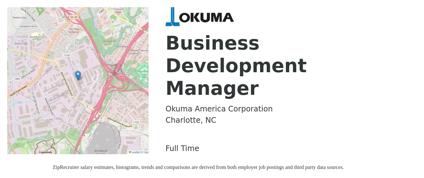 Okuma America Corporation job posting for a Business Development Manager in Charlotte, NC with a salary of $58,400 to $95,700 Yearly with a map of Charlotte location.