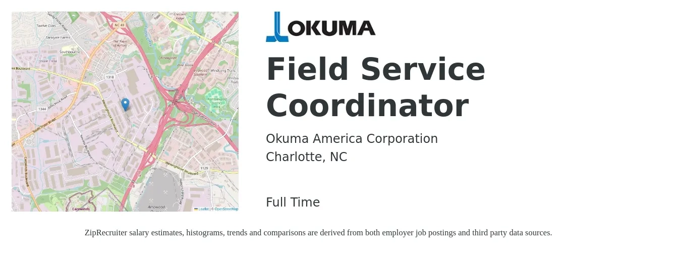 Okuma America Corporation job posting for a Field Service Coordinator in Charlotte, NC with a salary of $19 to $28 Hourly with a map of Charlotte location.