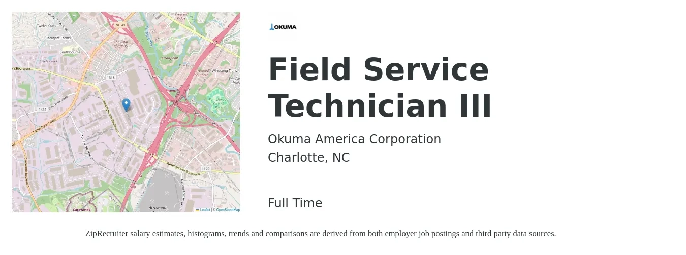 Okuma America Corporation job posting for a Field Service Technician III in Charlotte, NC with a salary of $19 to $28 Hourly with a map of Charlotte location.