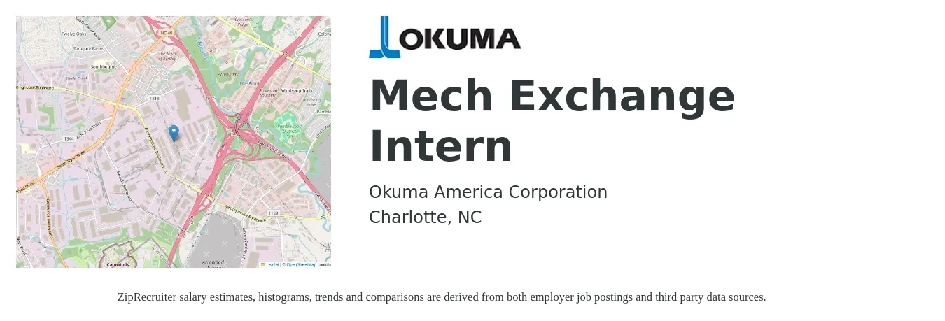 Okuma America Corporation job posting for a Mech Exchange Intern in Charlotte, NC with a salary of $16 to $21 Hourly with a map of Charlotte location.