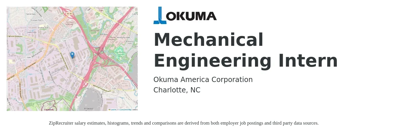 Okuma America Corporation job posting for a Mechanical Engineering Intern in Charlotte, NC with a salary of $18 to $24 Hourly with a map of Charlotte location.