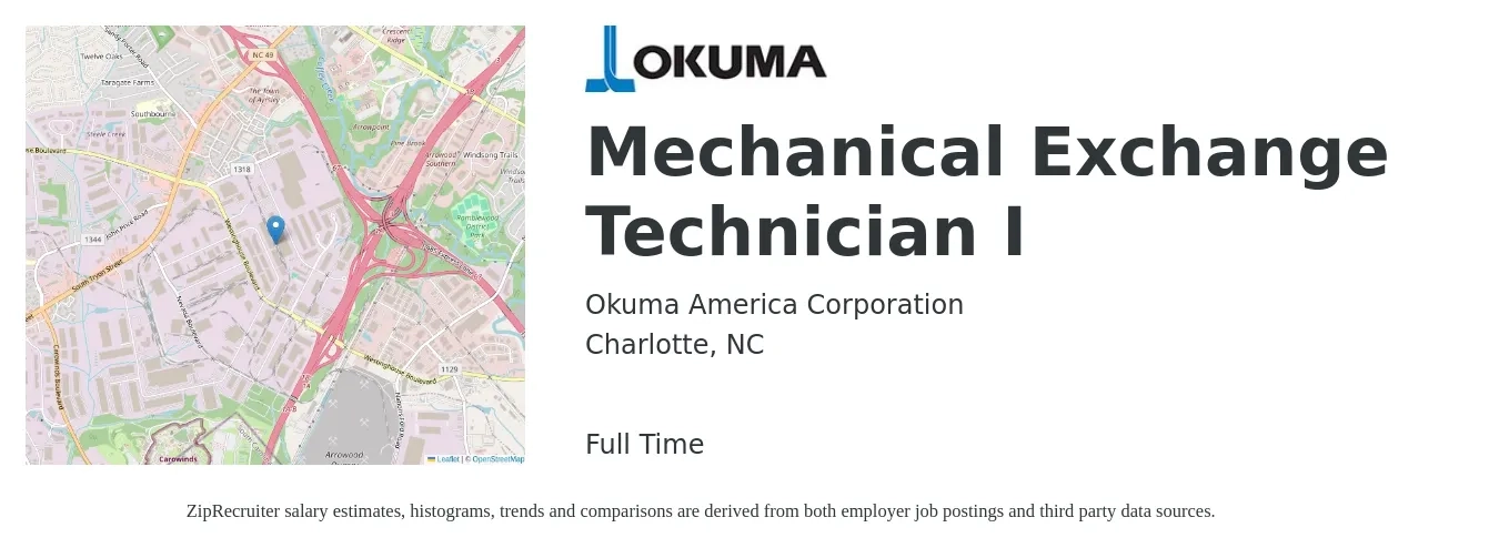 Okuma America Corporation job posting for a Mechanical Exchange Technician I in Charlotte, NC with a salary of $19 to $28 Hourly with a map of Charlotte location.