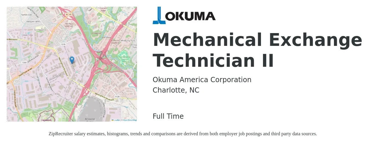 Okuma America Corporation job posting for a Mechanical Exchange Technician II in Charlotte, NC with a salary of $19 to $28 Hourly with a map of Charlotte location.