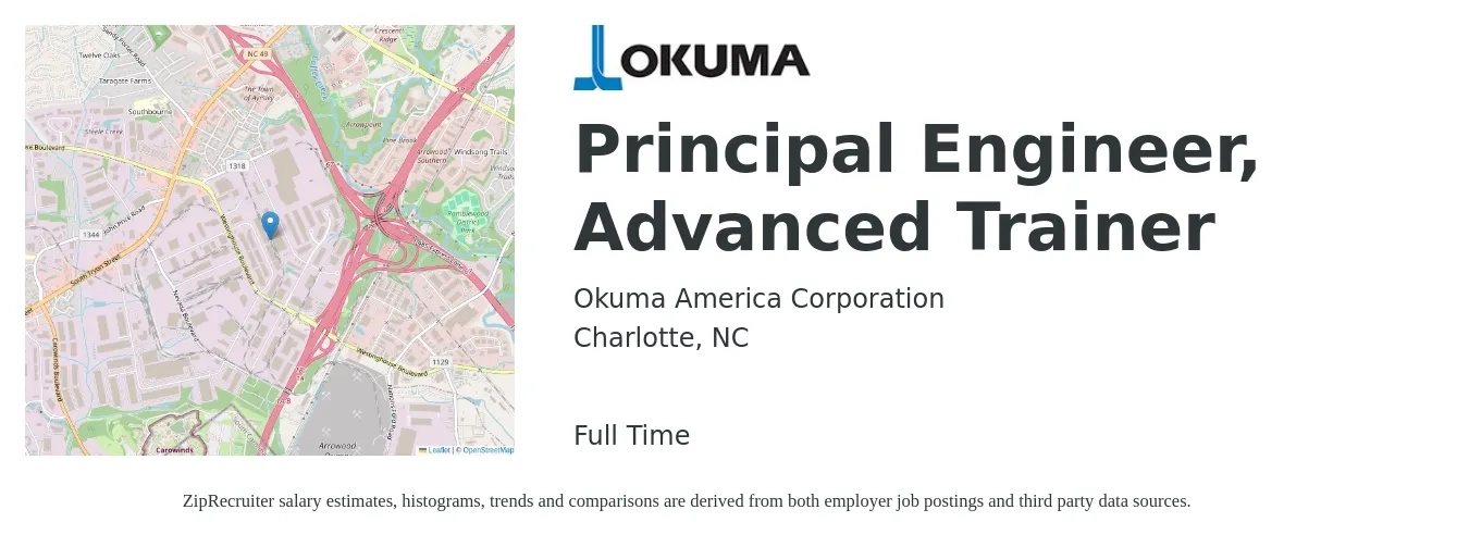 Okuma America Corporation job posting for a Principal Engineer, Advanced Trainer in Charlotte, NC with a salary of $46 to $59 Hourly with a map of Charlotte location.