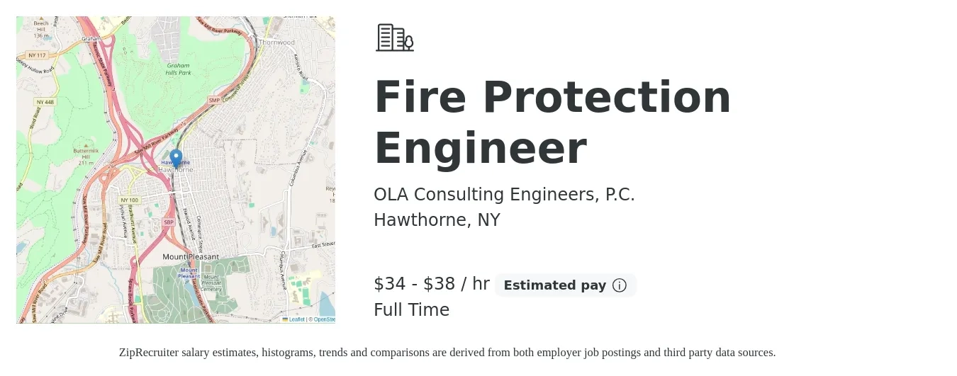 OLA Consulting Engineers, P.C. job posting for a Fire Protection Engineer in Hawthorne, NY with a salary of $36 to $40 Hourly with a map of Hawthorne location.