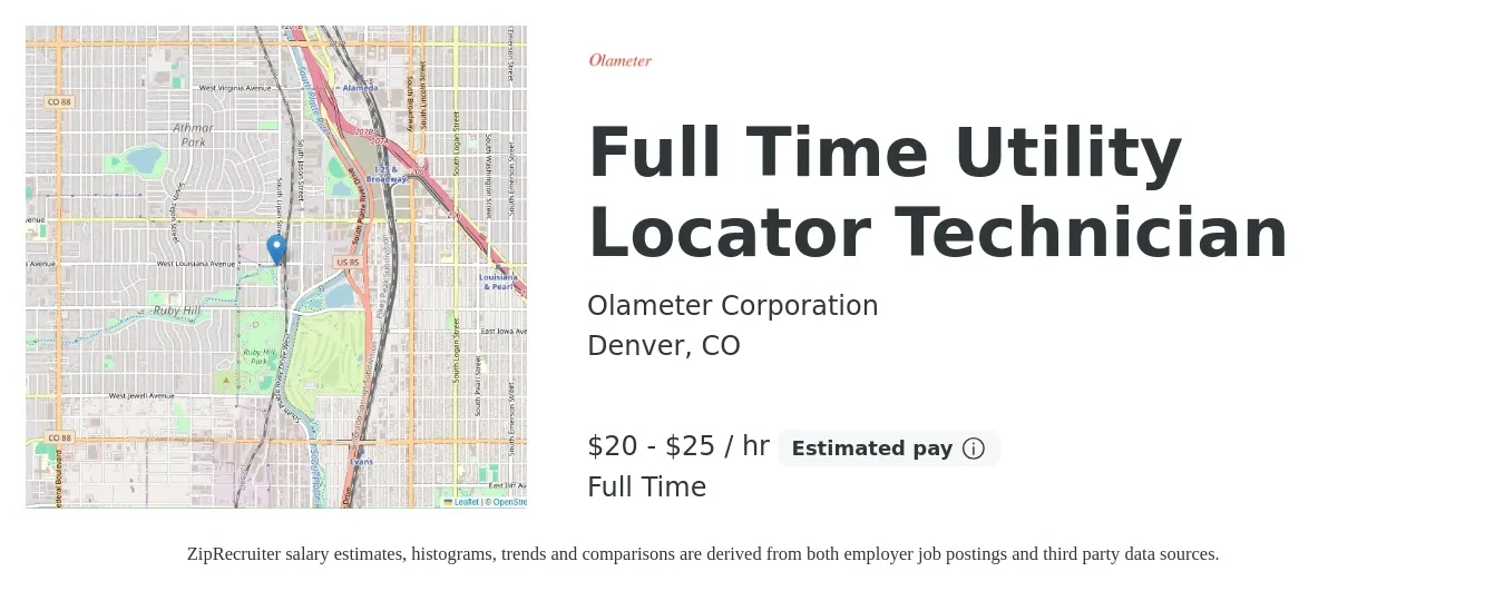Olameter Corporation job posting for a Full Time Utility Locator Technician in Denver, CO with a salary of $21 to $27 Hourly with a map of Denver location.
