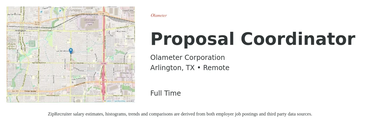 Olameter Corporation job posting for a Proposal Coordinator in Arlington, TX with a salary of $51,700 to $68,600 Yearly with a map of Arlington location.