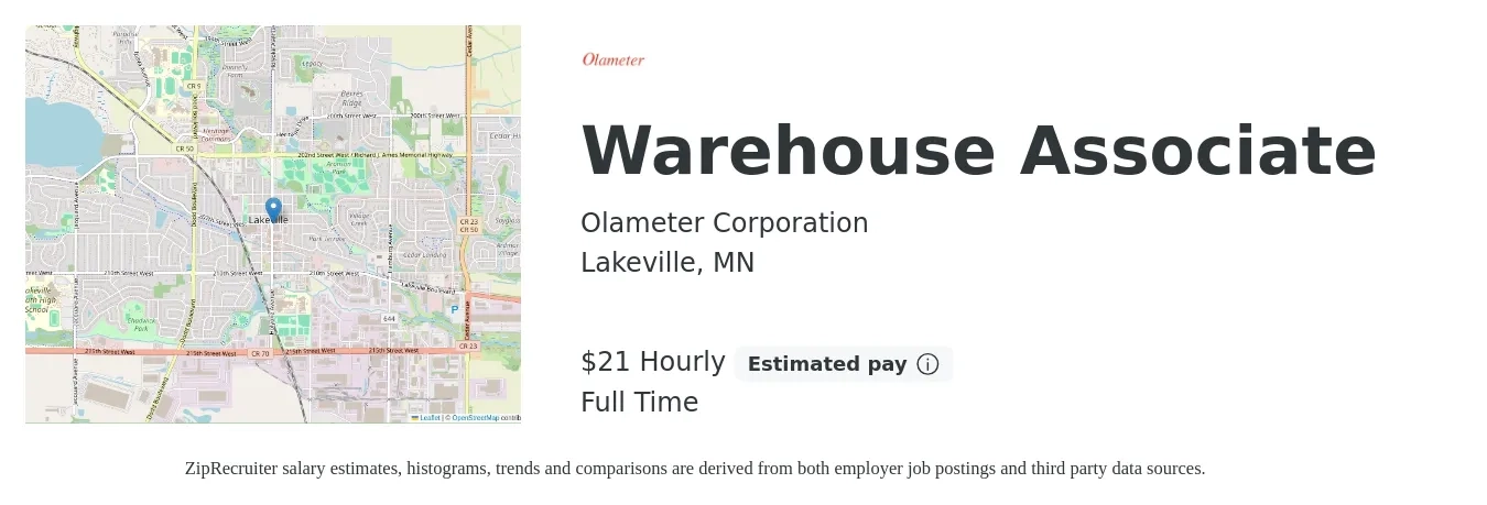 Olameter Corporation job posting for a Warehouse Associate in Lakeville, MN with a salary of $22 Hourly with a map of Lakeville location.