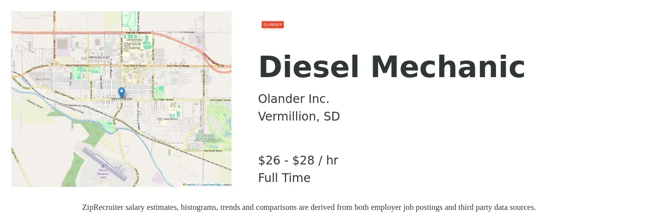Olander Inc. job posting for a Diesel Mechanic in Vermillion, SD with a salary of $28 to $30 Hourly with a map of Vermillion location.