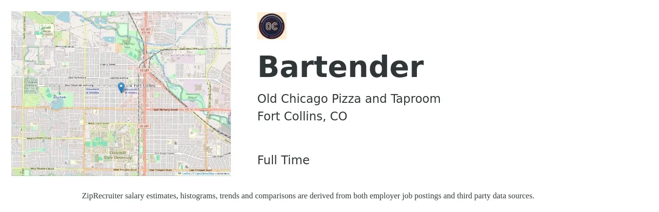 Old Chicago Pizza and Taproom job posting for a Bartender in Fort Collins, CO with a salary of $10 to $18 Hourly with a map of Fort Collins location.