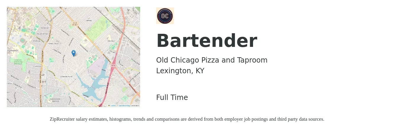 Old Chicago Pizza and Taproom job posting for a Bartender in Lexington, KY with a salary of $8 to $16 Hourly with a map of Lexington location.