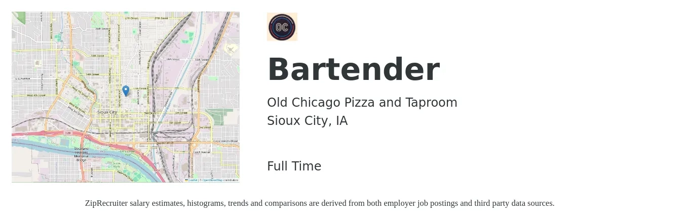 Old Chicago Pizza and Taproom job posting for a Bartender in Sioux City, IA with a salary of $10 to $18 Hourly with a map of Sioux City location.