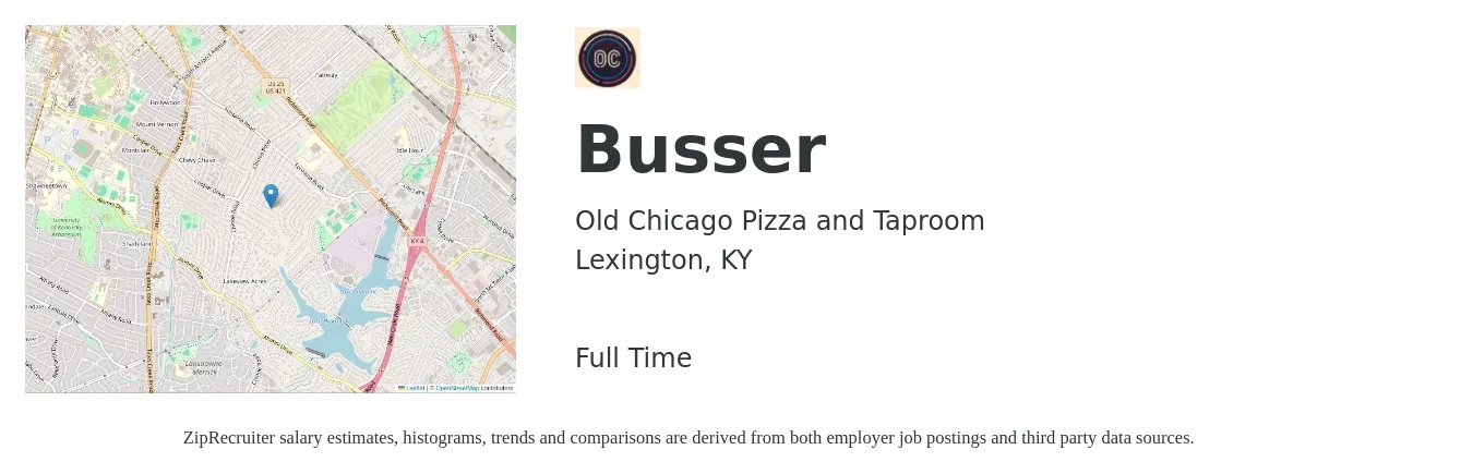 Old Chicago Pizza and Taproom job posting for a Busser in Lexington, KY with a salary of $9 to $13 Hourly with a map of Lexington location.