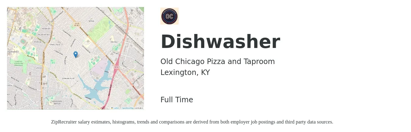 Old Chicago Pizza and Taproom job posting for a Dishwasher in Lexington, KY with a salary of $11 to $14 Hourly with a map of Lexington location.