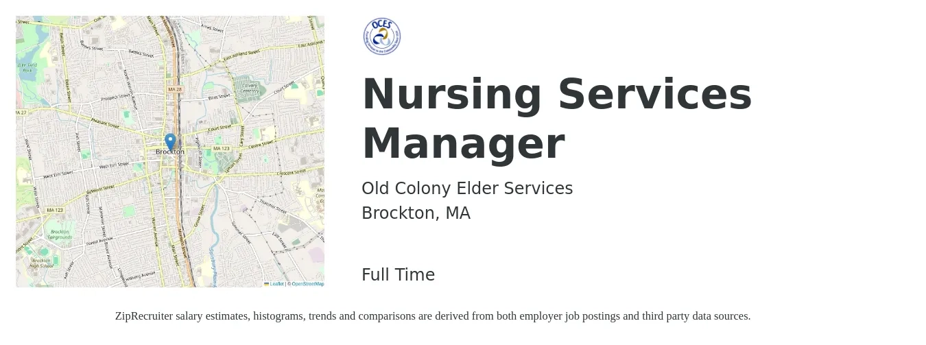 Old Colony Elder Services job posting for a Nursing Services Manager in Brockton, MA with a salary of $70,400 to $122,700 Yearly with a map of Brockton location.