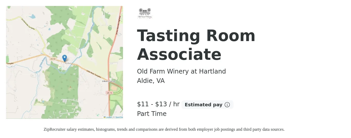 Old Farm Winery at Hartland job posting for a Tasting Room Associate in Aldie, VA with a salary of $12 to $14 Hourly with a map of Aldie location.