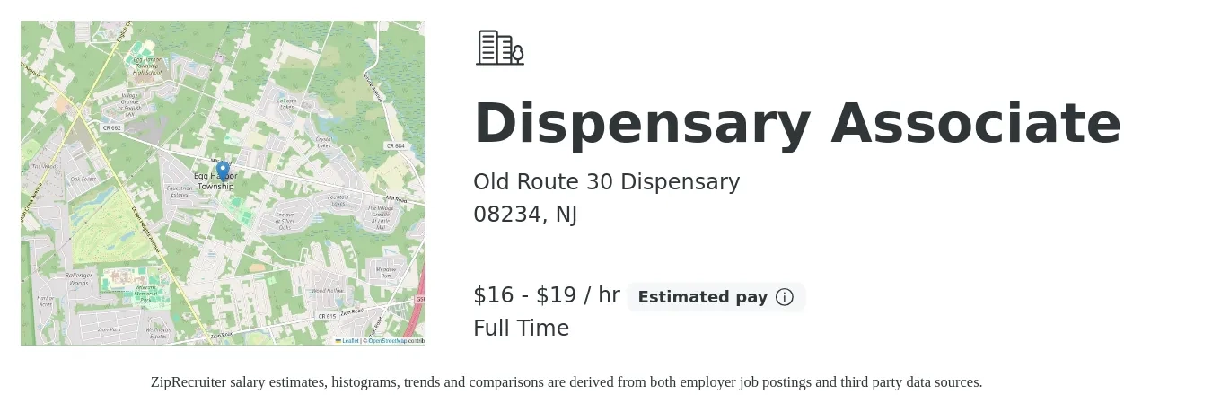 Old Route 30 Dispensary job posting for a Dispensary Associate in 08234, NJ with a salary of $17 to $20 Hourly with a map of 08234 location.