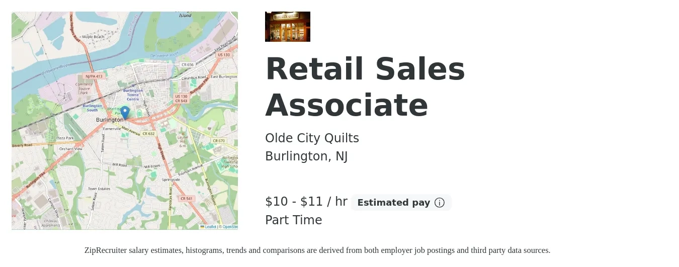 Olde City Quilts job posting for a Retail Sales Associate in Burlington, NJ with a salary of $11 to $12 Hourly (plus commission) with a map of Burlington location.
