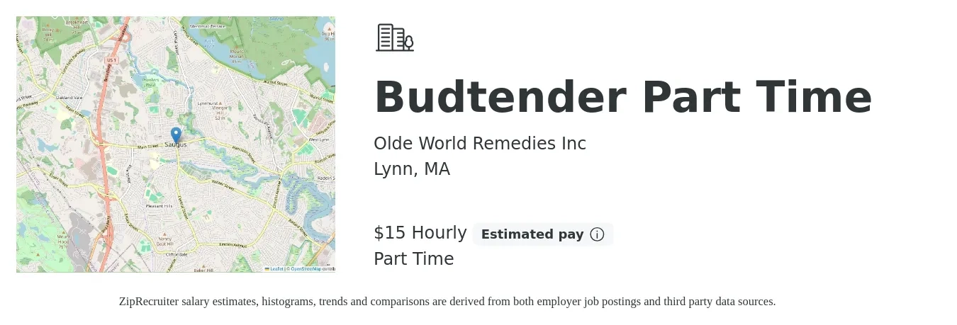 Olde World Remedies Inc job posting for a Budtender Part Time in Lynn, MA with a salary of $16 Hourly with a map of Lynn location.