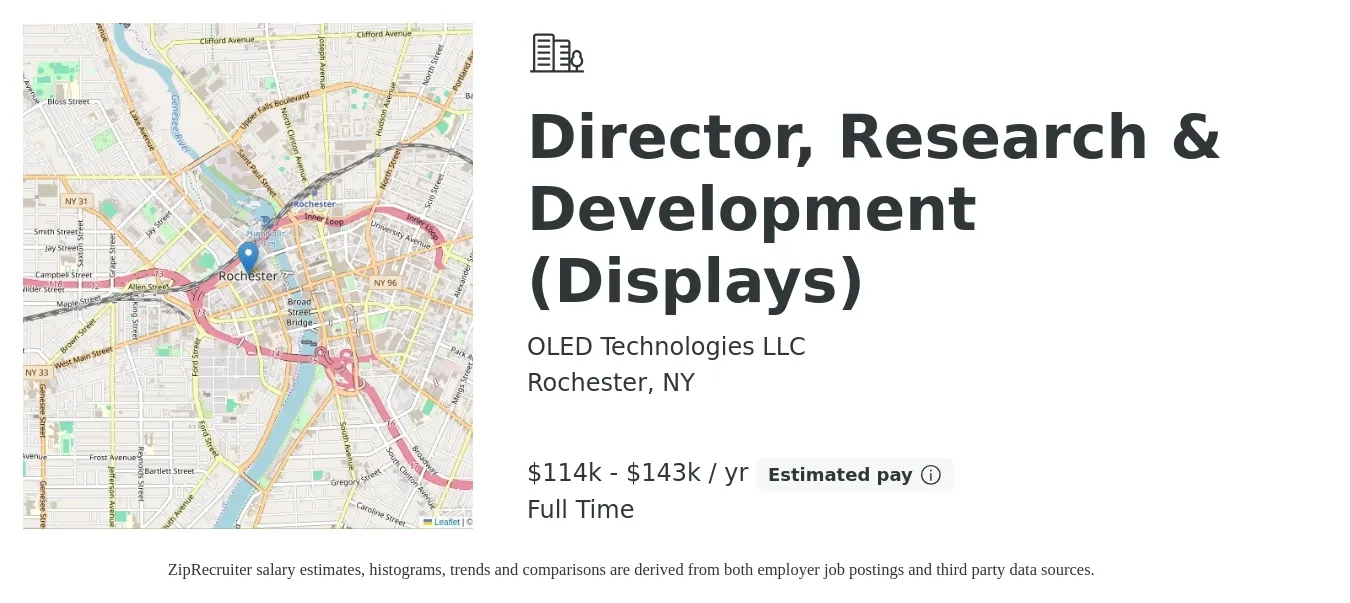 OLED Technologies LLC job posting for a Director, Research & Development (Displays) in Rochester, NY with a salary of $114,955 to $143,694 Yearly with a map of Rochester location.