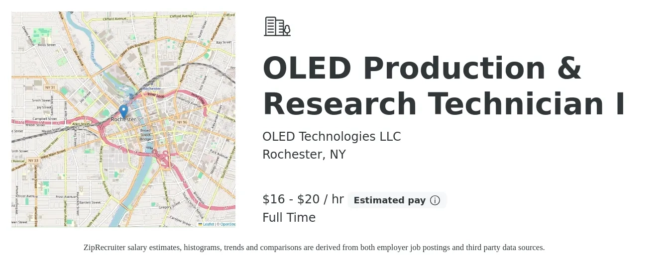 OLED Technologies LLC job posting for a OLED Production & Research Technician I in Rochester, NY with a salary of $17 to $21 Hourly with a map of Rochester location.
