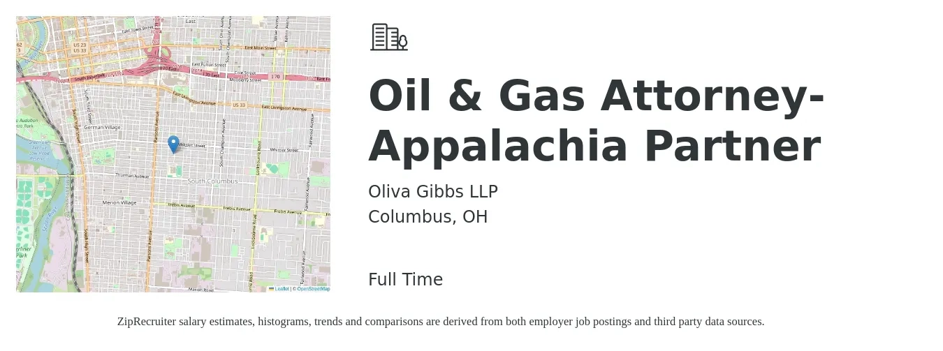 Oliva Gibbs LLP job posting for a Oil & Gas Attorney- Appalachia Partner in Columbus, OH with a salary of $75,400 to $118,300 Yearly with a map of Columbus location.
