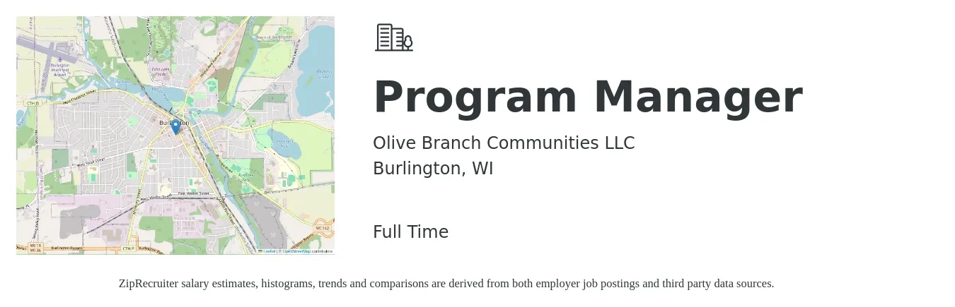 Olive Branch Communities LLC job posting for a Program Manager in Burlington, WI with a salary of $83,900 to $139,900 Yearly with a map of Burlington location.