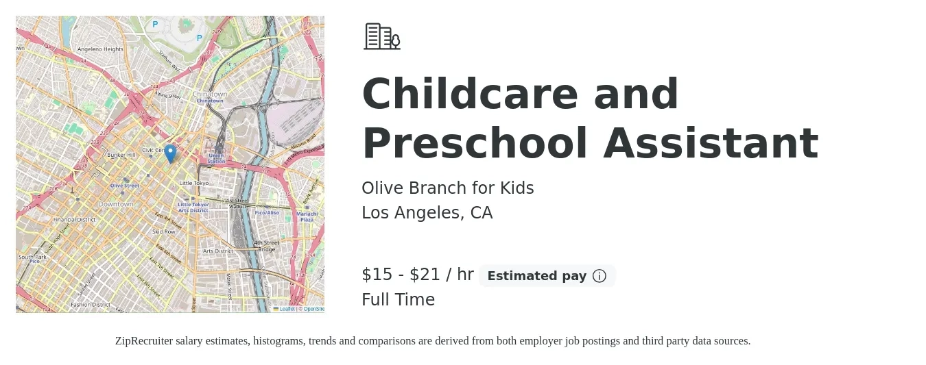 Olive Branch for Kids job posting for a Childcare and Preschool Assistant in Los Angeles, CA with a salary of $16 to $22 Hourly with a map of Los Angeles location.