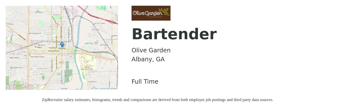 Olive Garden job posting for a Bartender in Albany, GA with a salary of $9 to $17 Hourly with a map of Albany location.